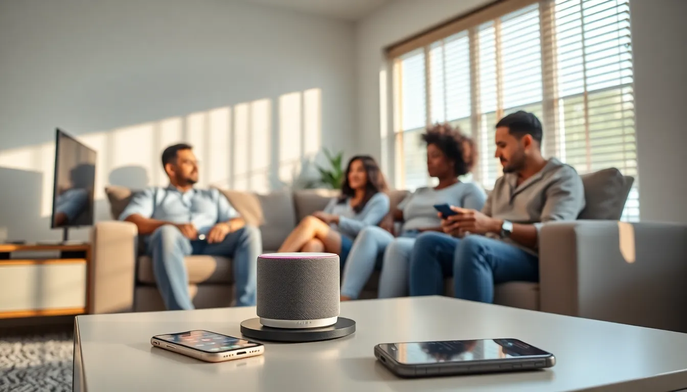 a family enjoying smart home features in a modern living room.